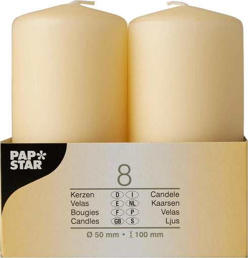 PACK OF 8 CREAM PILLAR CANDLES 50 X 100 MM. PS17981