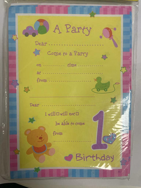 FIRST BIRTHDAY PARTY INVITATIONS CARDS 20/PK. DP07442