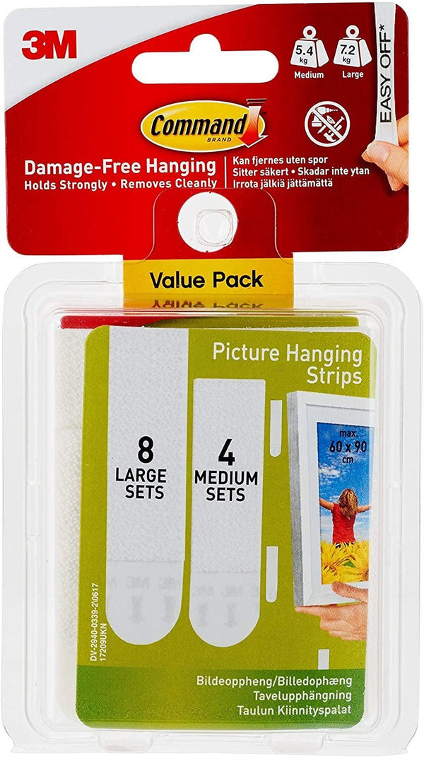 COMMAND PICTURE HANGING STRIPS VALUE PACK - 4 PAIRS (MEDIUM) 8 PAIRS (LARGE). 4345 17209