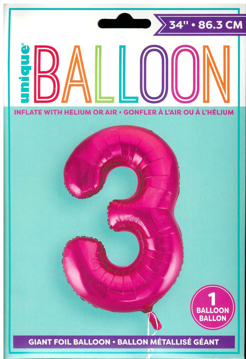 Pink Number 3 Balloon - Perfect for 3rd Birthday Celebrations