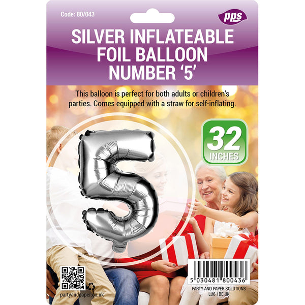 Silver Number 5 Balloon - Giant 82cm Foil Decoration | PPS80043