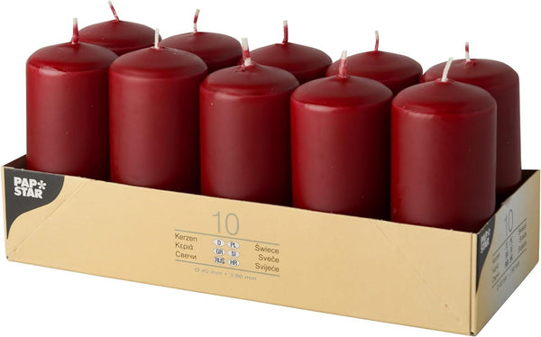 PACK OF 10 BORDEAUX / BURGANDY PILLAR CANDLES 50 X 100 MM. PS17914