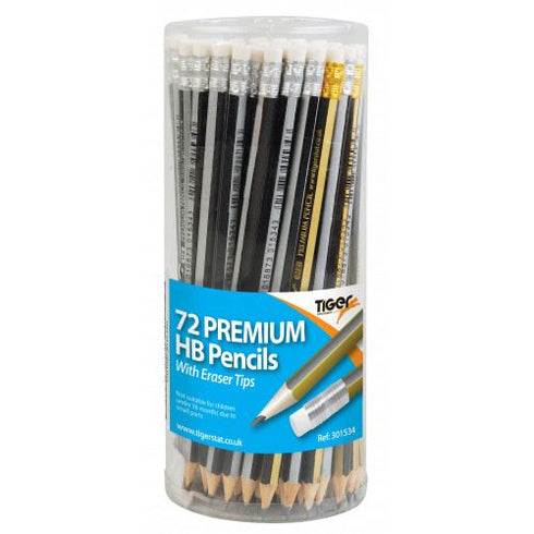 TIGER PREMIUM HB PENCILS WITH ERASER IN TUB 72/PK. T301534