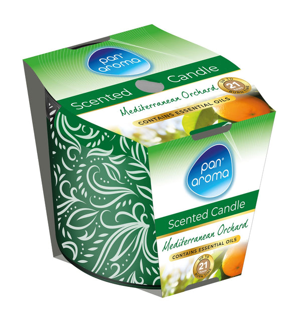 PAN AROMA SCENTED PRINTED GLASS CANDLE - MEDITERRANEAN ORCHARD. PAN0678