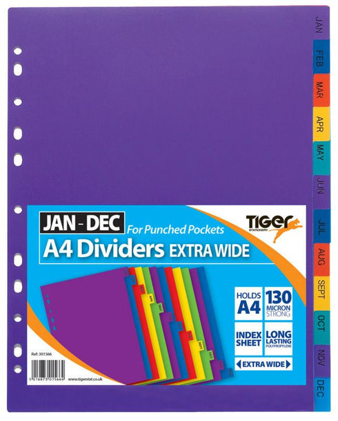 A4 Divider Tabs - TIGER Extra Wide Jan-Dec Punch Partition