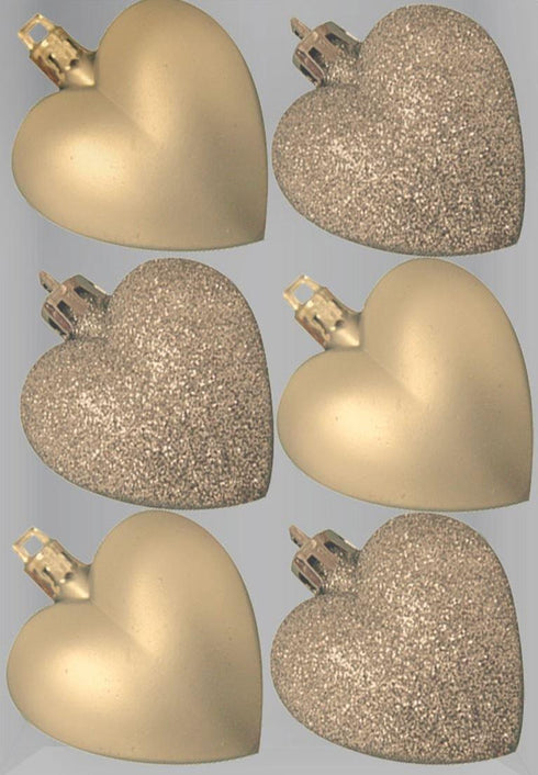 GLITTER / MATT HEART SHAPE CHRISTMAS TREE BAUBLES 50MM 6/PK - CHAMPAGNE GOLD. DP55164