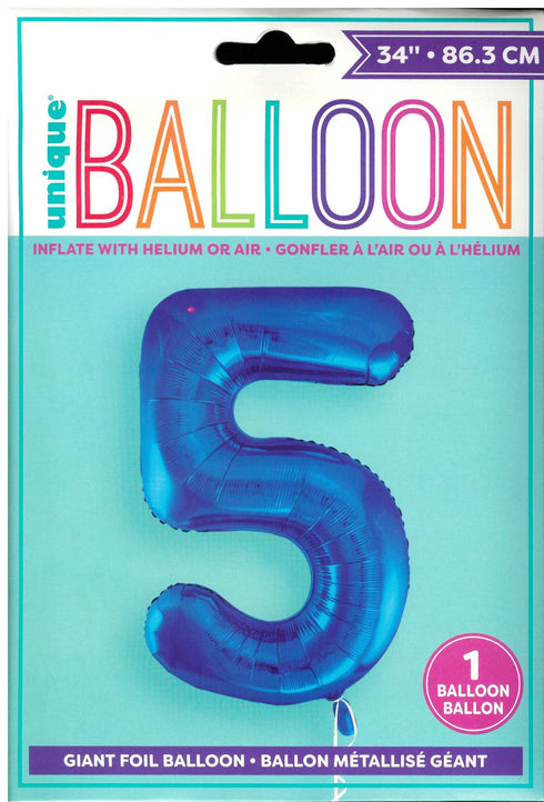 Blue Number 5 Balloon - Unique Birthday Glitz Foil 34"