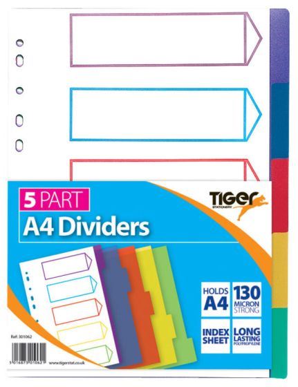 A4 Divider Tabs - Multicoloured Polypropylene 5 Part | TIGER T301062