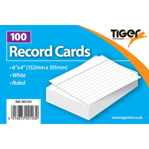 TIGER WHITE RULED RECORD CARDS 6 INCH X 4 INCH 100/PK. T302103