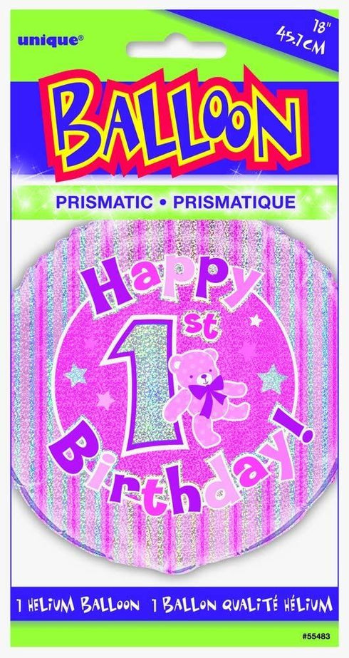1st Birthday Foil Balloon - Pink Holographic 18 Inch | UNIQUE PARTY