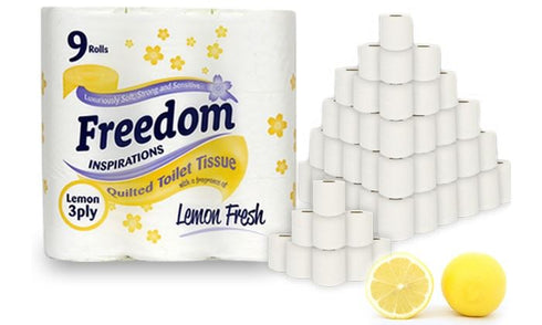 FREEDOM 3 PLY TOILET ROLLS LEMON PACK OF 5 X 9 ROLLS. F0905T3NLEN01 FRT39LE