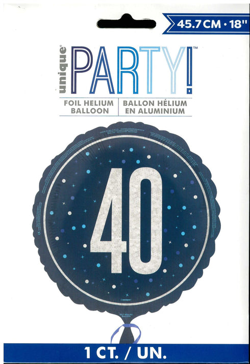 40th Birthday Balloon - Unique Glitz Blue Round Foil 18"