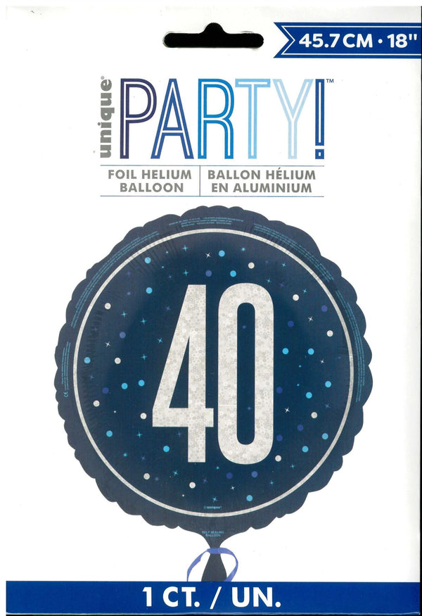 40th Birthday Balloon - Unique Glitz Blue Round Foil 18"