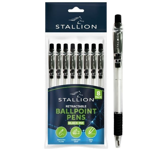 STALLION RETRACTABLE BALLPOINT PENS WITH GRIP 8/PK - BLACK. P3050