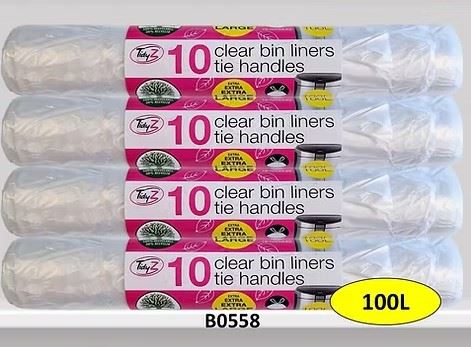 TIDYZ EXTRA LARGE CLEAR BIN LINERS WITH TIE HANDLES 10 PACK FOR 100L. B0558