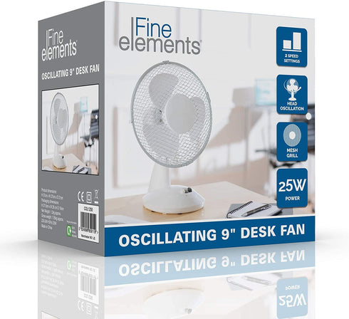FINE ELEMENTS OSCILLATING 9 INCH DESK FAN WITH 2 SPEED SETTINGS. COL1250GE