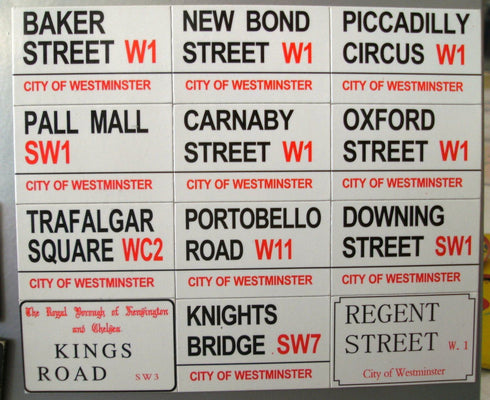 LONDON - FAMOUS STREET SIGNS - 12 FRIDGE MAGNETS INCLUDING TRAFALGAR SQUARE. KI4087