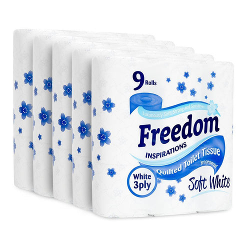 FREEDOM 3 PLY TOILET ROLLS WHITE PACK OF 5 X 9 ROLLS. F0905T3NNON02 FRT39