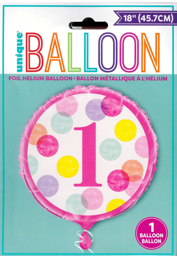 Pink Number 1 Balloon - 18" UNIQUE PINK DOTS FOIL BALLOON