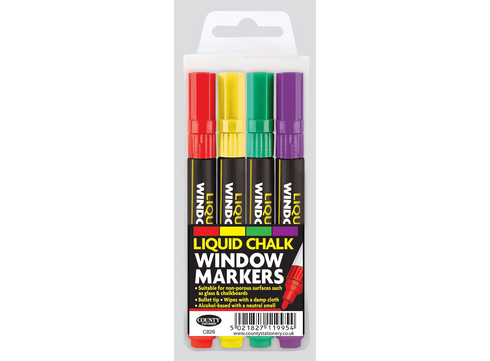 4 COLOURED LIQUID WINDOW MARKERS CHALK. C826