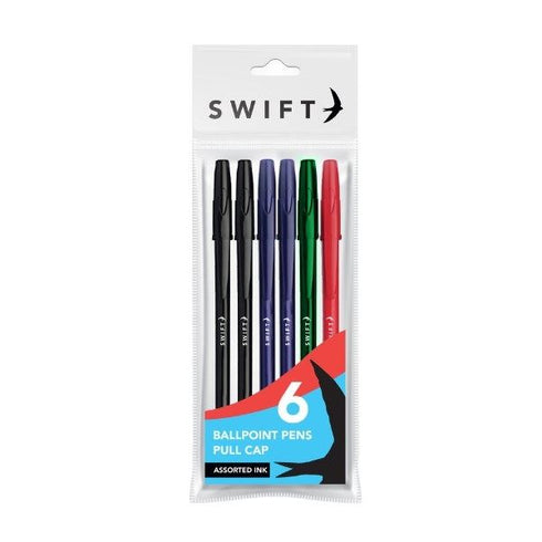 Assorted Ballpoint Pens - SWIFT PULL CAP 6 Pack P3055