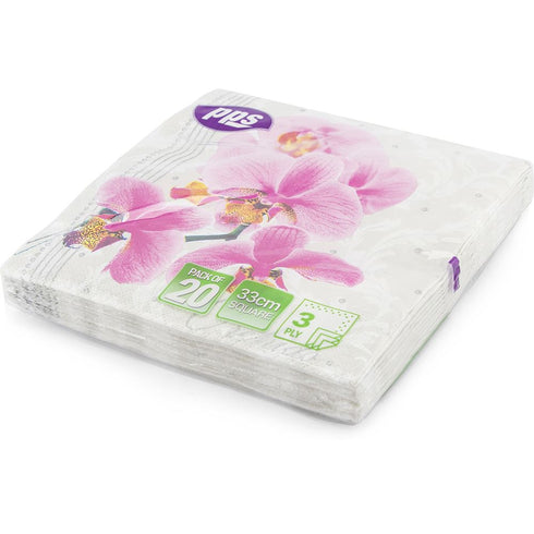 PPS NAPKINS 3 PLY 33CM X 33CM 20/PK - ORCHIDS. PPS99321