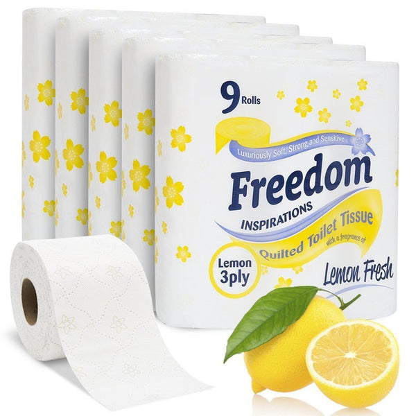 FREEDOM 3 PLY TOILET ROLLS LEMON PACK OF 5 X 9 ROLLS. F0905T3NLEN01 FRT39LE