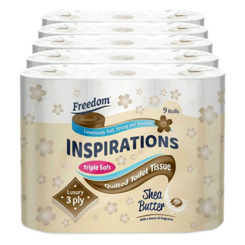 FREEDOM 3 PLY TOILET ROLLS SHEA BUTTER PACK OF 5 X 9 ROLLS. F0905T3NSBN01 FRT39SH