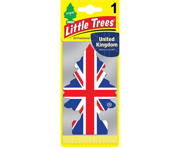 LITTLE TREES CAR AIR FRESHENER - UNITED KINGDOM UNION JACK FLAG BLACK ICE. MTR0087