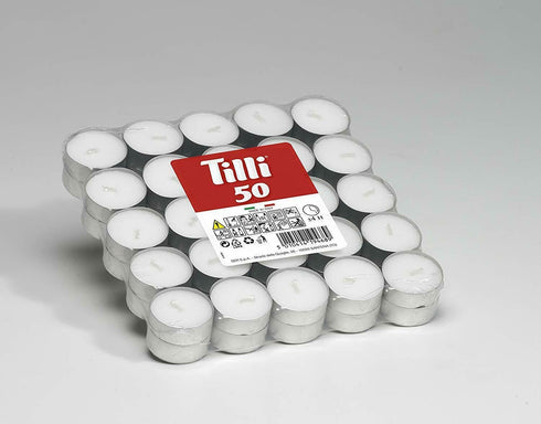 50 PACK OF SER TILLI TEALIGHT WHITE CANDLES IN SILVER HOLDERS. 021892