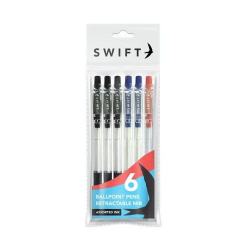 SWIFT MULTI COLOURED RETRACTABLE BALLPOINT PENS 6/PK. P3051