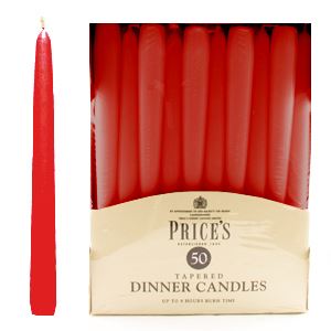 PRICES RED TAPERED DINNER CANDLE UNWRAPPED 7HRS 50/PK. TDC005005 327414
