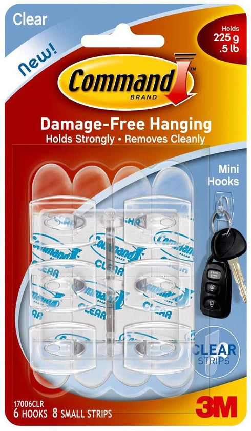 COMMAND MINI CLEAR HOOKS WITH CLEAR STRIPS 17006CLR-ES 6/PK. 4362-CL 17006CLRUKN