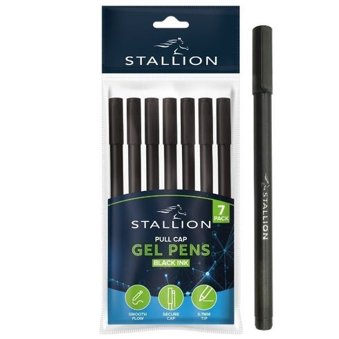 STALLION PULL CAP GEL PENS 7/PK - BLACK. P3057