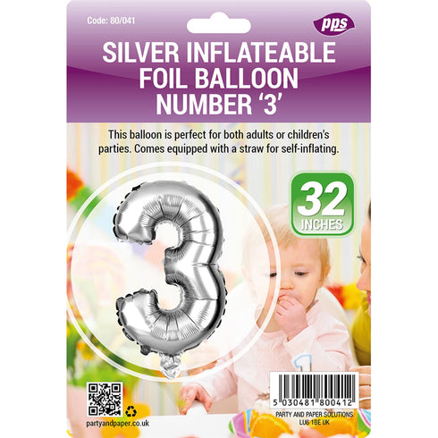 PPS GIANT STANDING FOIL NUMBER 3 BALLOON 82 CM - SILVER. PPS80041