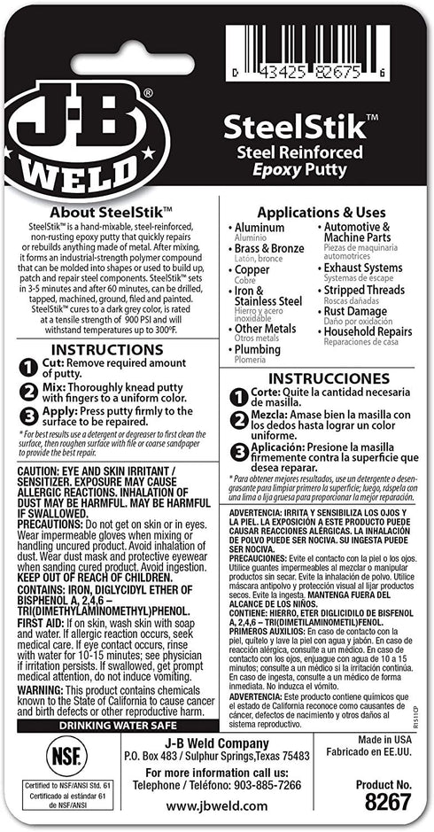 SteelStik Epoxy Putty 57gm 8267UK - JB Weld Strong Repair
