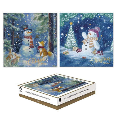 CHRISTMAS CARDS WOODLAND SNOWMEN - PACK OF 12 SQUARE BOXED. TAX9038A