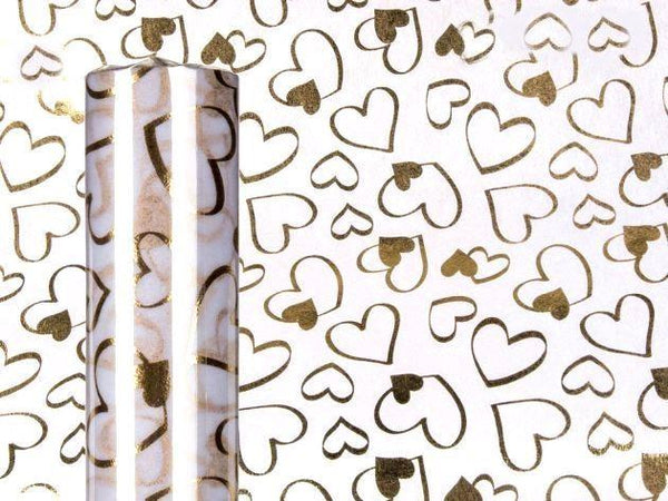 WHITE DECO FABRIC WITH GOLD HEARTS 5M. 960403
