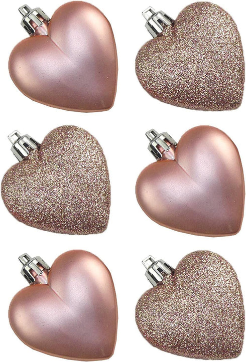 GLITTER / MATT HEART SHAPE CHRISTMAS TREE BAUBLES 50MM 6/PK - PEACH. DP57476