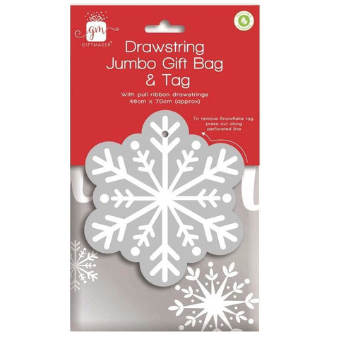 GIFTMAKER CHRISTMAS SNOWFLAKE DESIGN JUMBO DRAWSTRING GIFT SACK WITH TAG. XAPGZ425