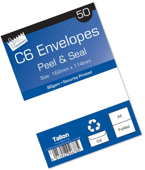 C6 White Envelopes 50 Pack - TALLON PEAL SEAL T4678