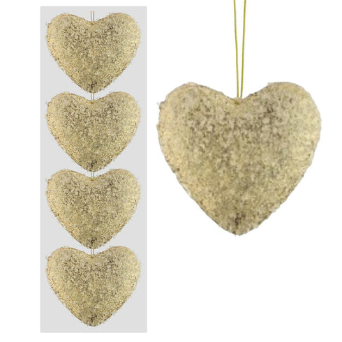 4 FROSTY HEARTS CHRISTMAS BAUBLES 11CM - CHAMPAGNE GOLD. DP55430