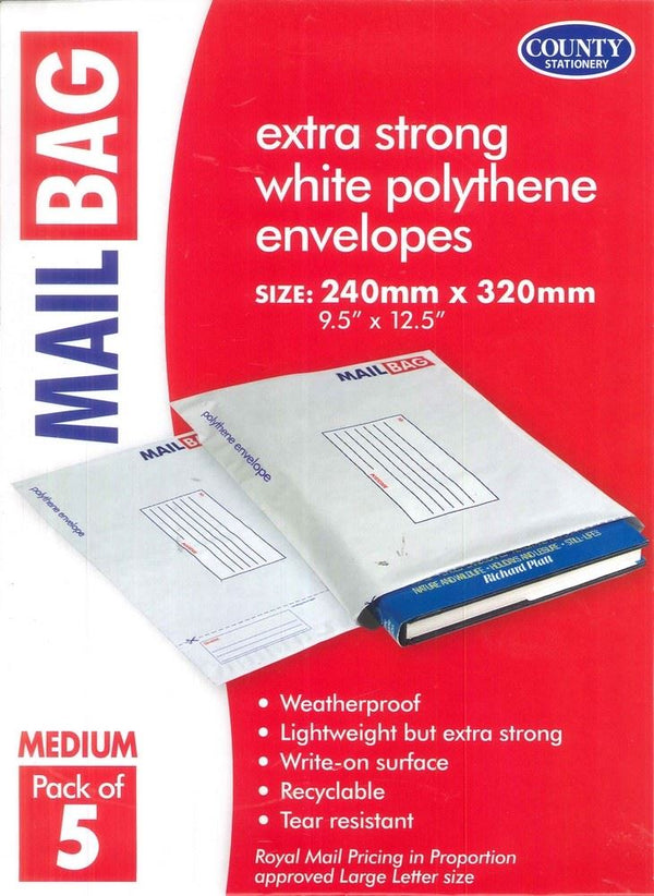 Polythene Mail Bags - COUNTY Medium White 240x320mm 5/Pack C261