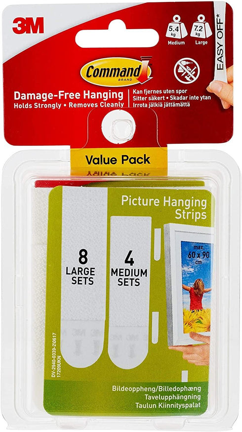 COMMAND PICTURE HANGING STRIPS VALUE PACK - 4 PAIRS (MEDIUM) 8 PAIRS (LARGE). 4345 17209