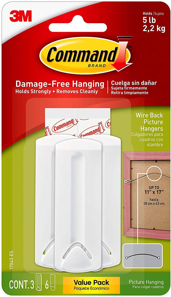 COMMAND 17043 WIRE BACK PICTURE HANGERS PACK OF 3 HANGERS AND 6 ADHESIVE STRIPS WHITE. 17043UKN 949256