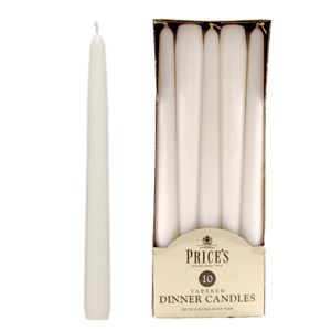 PRICES WHITE TAPERED DINNER CANDLE 7HRS 10/PK. CDD000628 329012