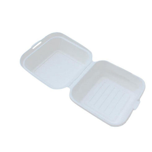 WHITE BAGASSE BIODEGRADABLE CLAMSHELL BOXES 6 X 6" 50/PK BURGER BOX. 09810-BQ1