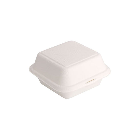 WHITE BAGASSE BIODEGRADABLE CLAMSHELL BOXES 6 X 6" 50/PK BURGER BOX. 09810-BQ1