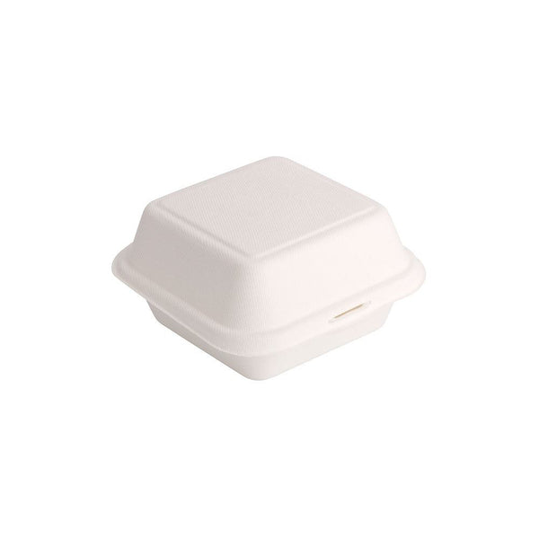 WHITE BAGASSE BIODEGRADABLE CLAMSHELL BOXES 6 X 6" 50/PK BURGER BOX. 09810-BQ1