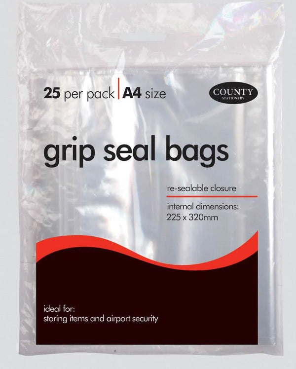 A4 Grip Seal Bags - 25 Pack, 225x320mm, Durable C146